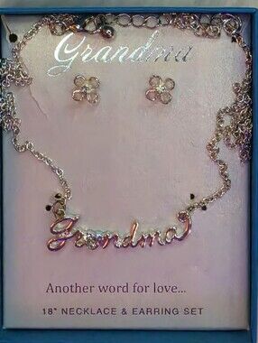 NIB Grandma Jewelry Set 18" Necklace + Flower Stud Earrings Silver-tone